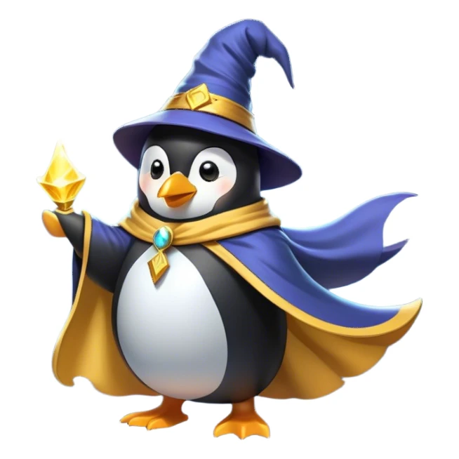 "A wizard penguin with a yellow hat and a long, flowing cape. The penguin is floating slightly above the ground, surrounded by swirling magical energy and glowing runes in the airyellow wizard hat sticker