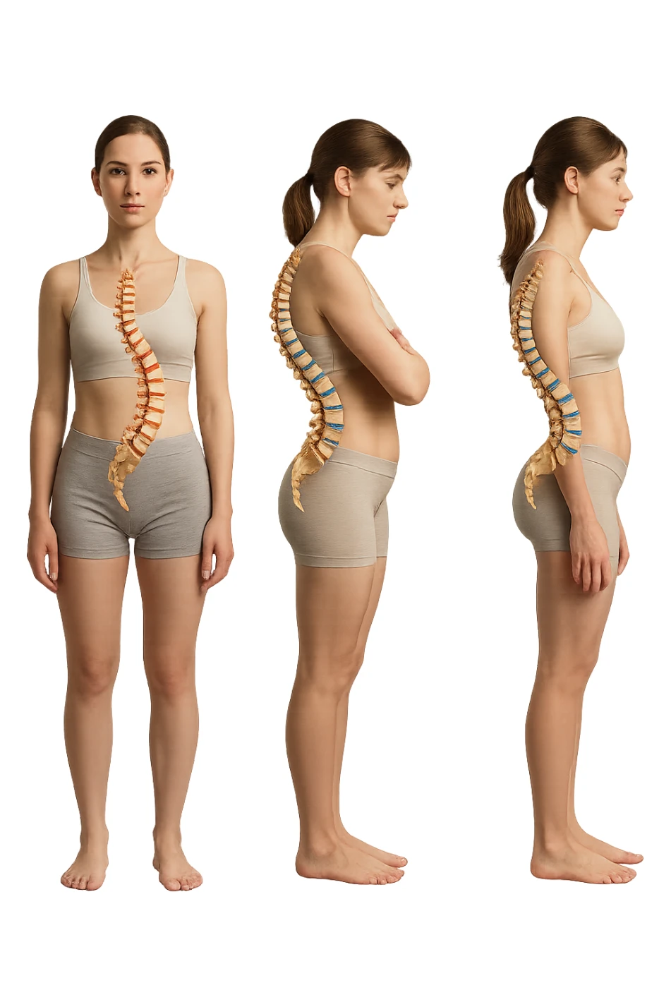 fai un immagine identica che riguarda 3 posture scorrette: scoliosi, ipercifosi e iperlordosi. falla iperrealistica anatomica in 4k con spina dorsale storta in evidenza su ogni figura sticker
