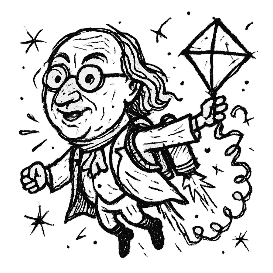 Ben Franklin with jetpack and diamond kite, minimalist, black outline, slightly chaotic lines sticker