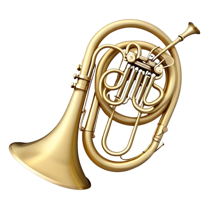 Create an elegant and refined emoji representing the Arnolds & Sons AHR-563-TERRA horn. The design should feature the intricate, shiny brass body of the horn with its signature wide bell and beautifully coiled tubing. The horn should be highly polished with subtle accents that reflect its craftsmanship. Use golden brass tones and light reflections to highlight the luxury and sophistication of the instrument. Add delicate musical notes to evoke its melodic sound. The background should be transparent. sticker