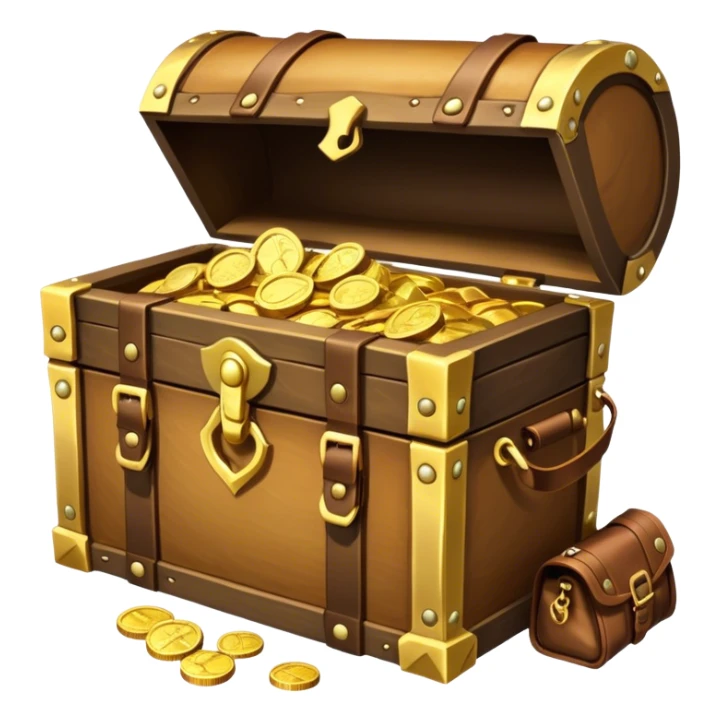 An icon showcasing a treasure chest filled with gold, a treasure map rolled up beside it, a backpack and shovel ready for the next adventure. The design captures the essence of treasure hunting, exploration, and excitement, set on a transparent background to emphasize the thrill of discovery. sticker