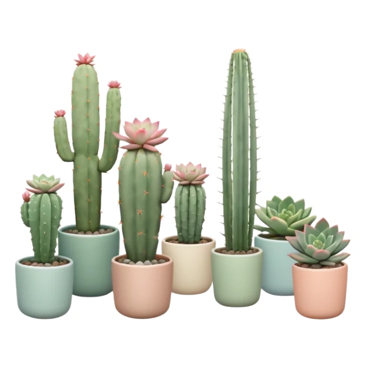 Ceramic pots in pastel colors, tall and short, cylindrical, square, and bowl-shaped, containing cereus cactus plants, hanging cacti, flowering cacti, echeveria succulents, sedum succulents, and graptopetalum succulents placed in a row on the floor sticker