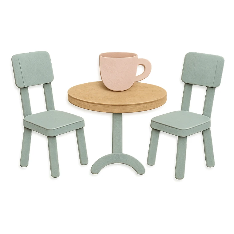 coffee shop table and chairs set, soft pastel hand-drawn illustration sticker