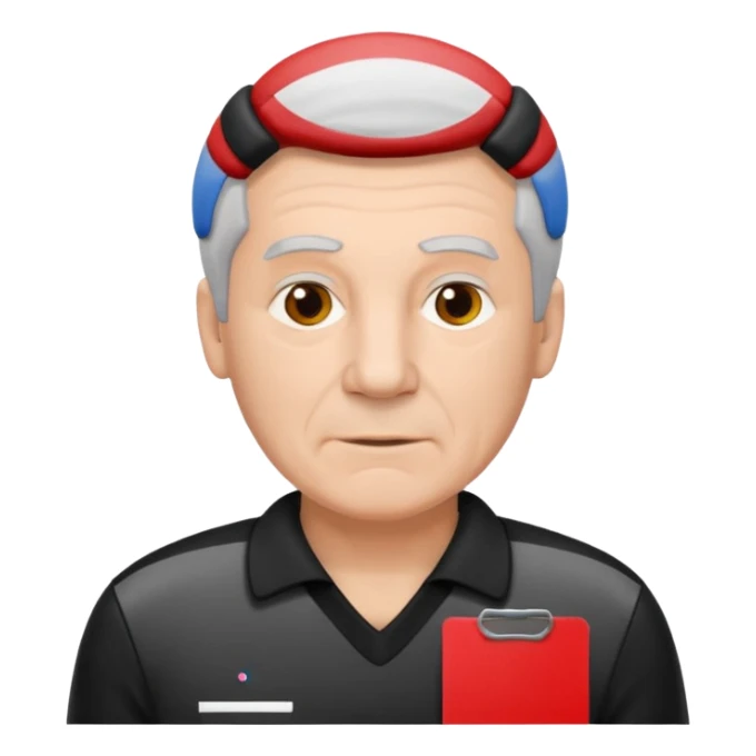 Older Referee – Experienced Look
 Wearing black jersey, gray hair, calm but firm, red card lifted halfway. sticker