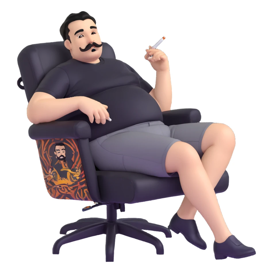 Large man reclining in chair, legs spread, smoking a cigarette, round face, very short black hair, well-groomed beard with mustache, light skin, black t-shirt with light stripes at top riding up to show belly, black shorts, arms covered in black graphic tattoo patterns with designs visible on forearms and shoulders sticker