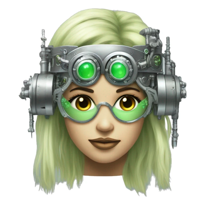 Light green long hair female cyborg head with silver steampunk goggles as a headband, circuits sticker