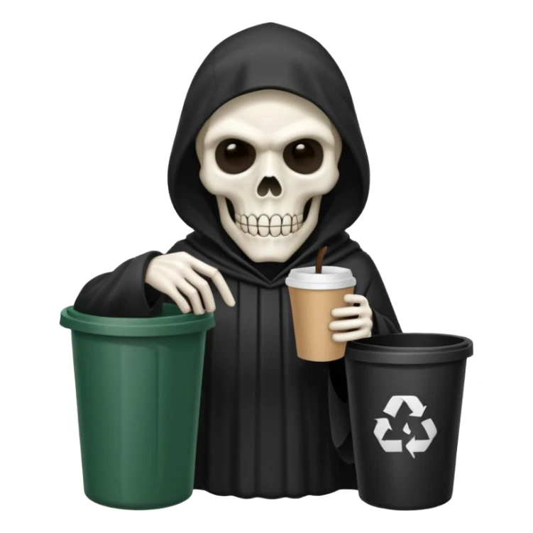 grim reaper with a coffee and trash can with papers  sticker