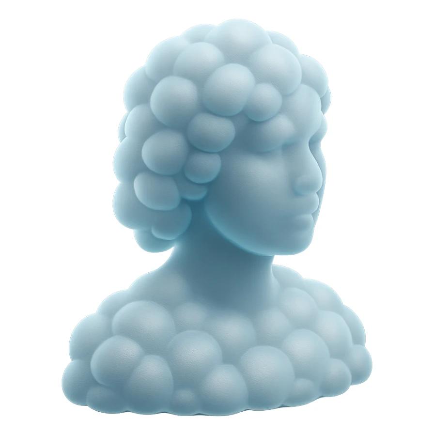 person looking straight, composed entirely of white fluffy convex clouds, shoulder length, matte glass style, no background sticker