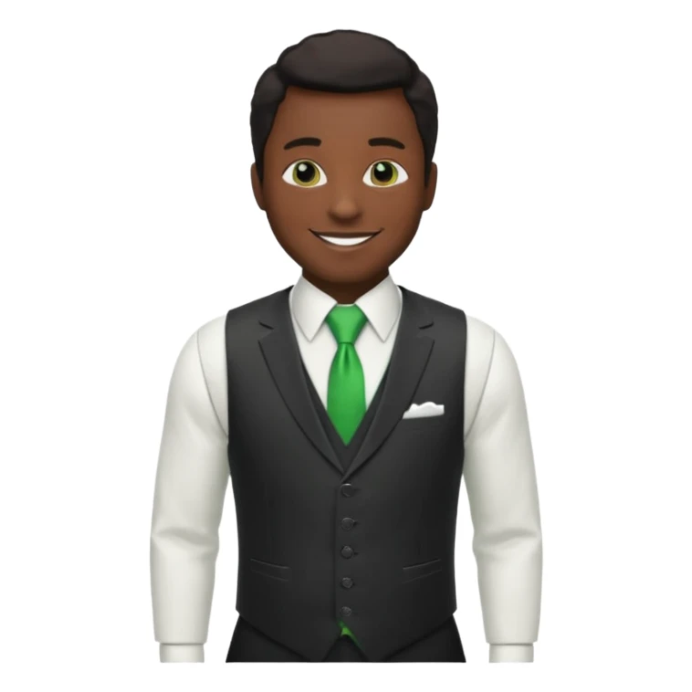 businessman, black skin, white suit vest, green tie sticker