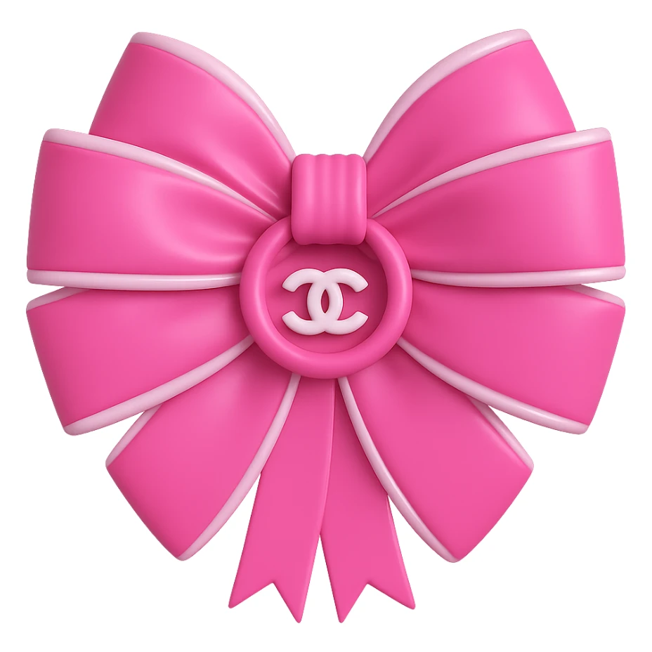 Make the Chanel logo small and white on the pink and white bow, keep it shiny, elegant, 3D emoji style, with no background. The style should resemble a 3D emoji with a shiny and elegant finish. sticker