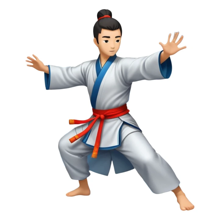 Emblem symbolizing Wushu martial arts. A graceful martial artist performs a dynamic kung fu pose, with flowing movements and a long, elegant robe. The background features stylized clouds and traditional Chinese symbols, representing fluidity, balance, and precision. Transparent background. sticker