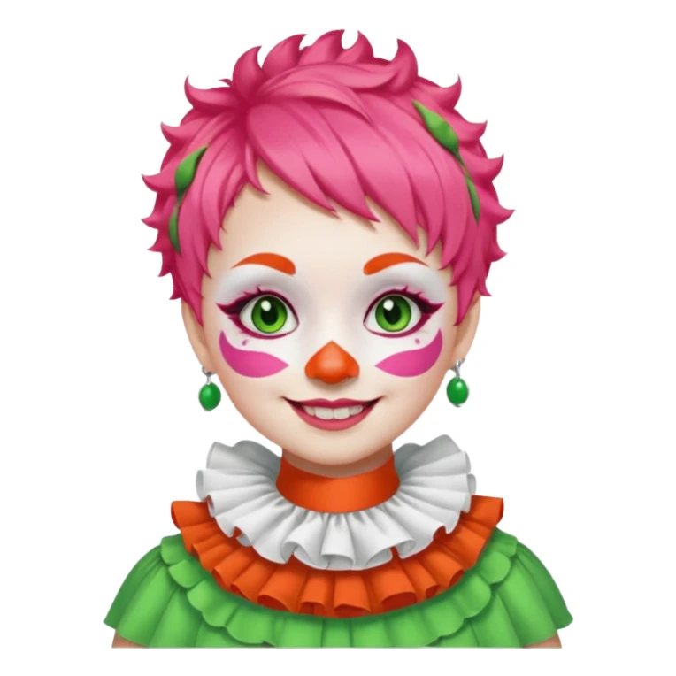 Bright green short hair.

White face paint with green eye makeup and a red nose.

Big wide smile.

Wearing a pink ruffled collar with an orange outfit. sticker