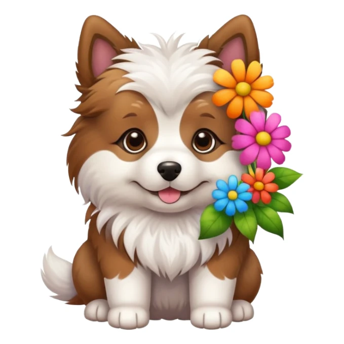 A cute dog holding a lot of flowers sticker