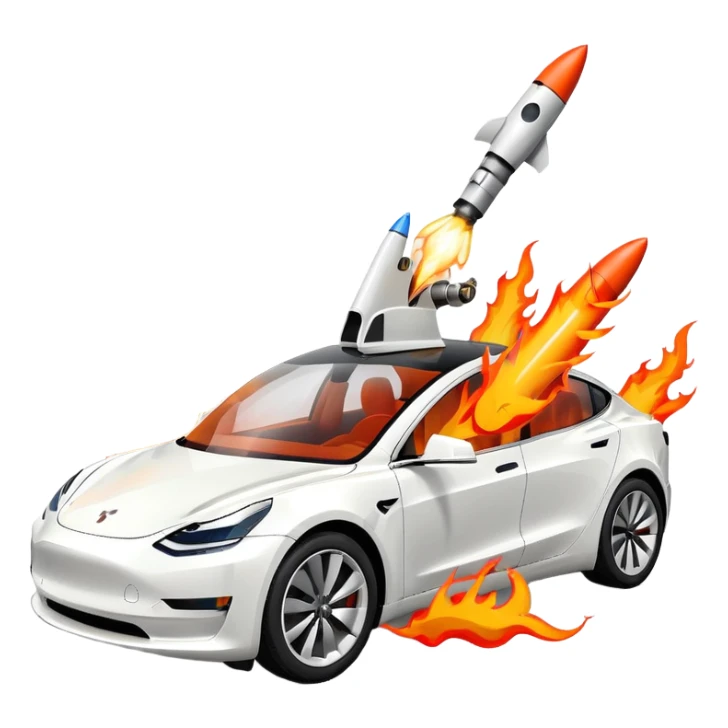 Tesla model 3 white. Two rockets mounted on roof flame backwards sticker