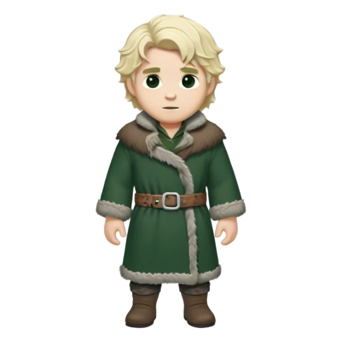 Medieval winter outfit worn by a DnD themed fantasy male character. Double-layered forest green wool tunic with bear fur lining, decorated with pewter toggle closures and a thick woven belt. Clothes only above the waist, full waist coverage. The character has no arms. Character is white-skinned with pale blonde hair, steel gray eyes, and medium-length wavy hair with frost-tipped ends sticker