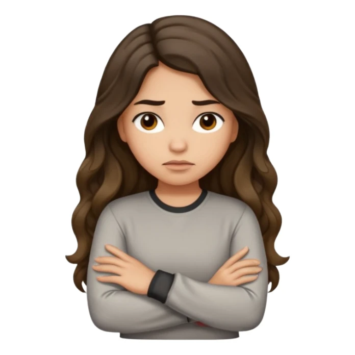 Hispanic light tan girl with long dark wavy hair with arms folded and pouting. Wearing a long sleeve. Hair with middle part. sticker