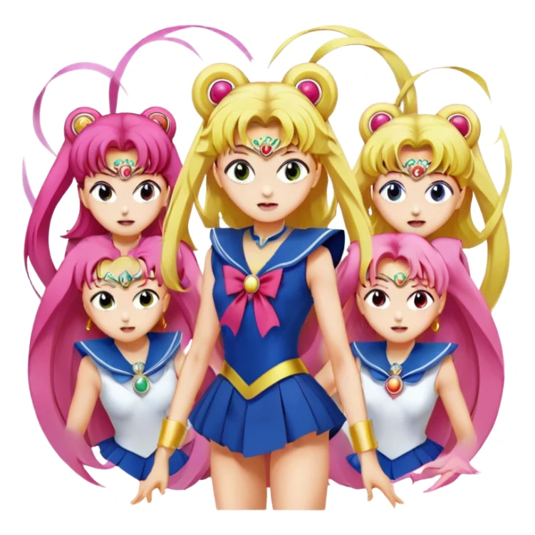 Icon for Anime: vibrant, dynamic scene with heros from Bishoujo Senshi Sailor Moon in action, featuring exaggerated expressions and colorful backgrounds. The design should reflect the distinct, energetic style of anime, with iconic eyes and unique visual elements. Transparent background. sticker