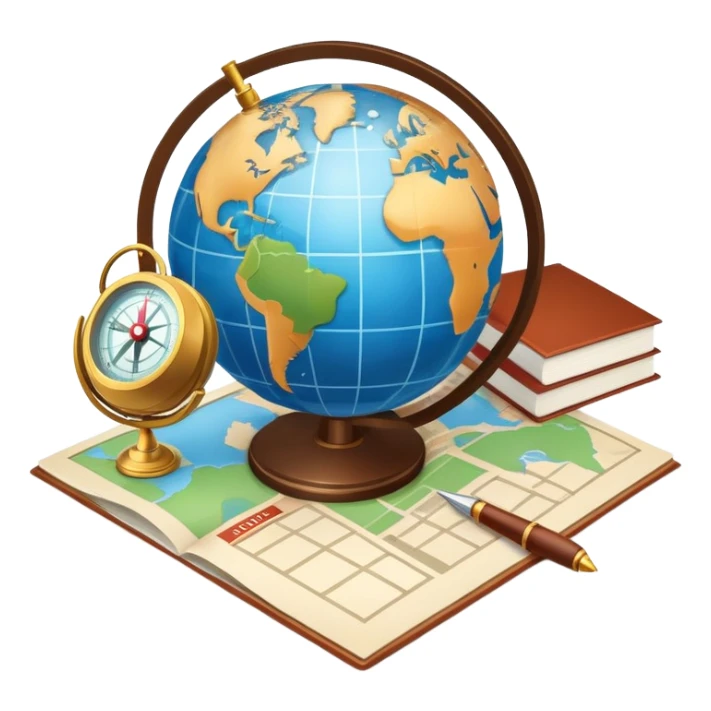 An icon featuring a hotel building, and a globe, symbolizing the scientific study of tourism and hospitality. The design includes a map, a compass, and a checklist, representing travel planning and service management. Transparent background highlights the academic exploration of the tourism industry sticker
