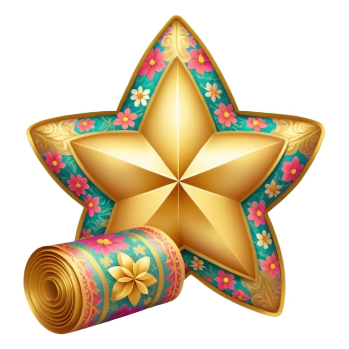 simple composition of a glowing sparkle or star shape in foreground with only a roll of patterned fabric behind it, no faces sticker