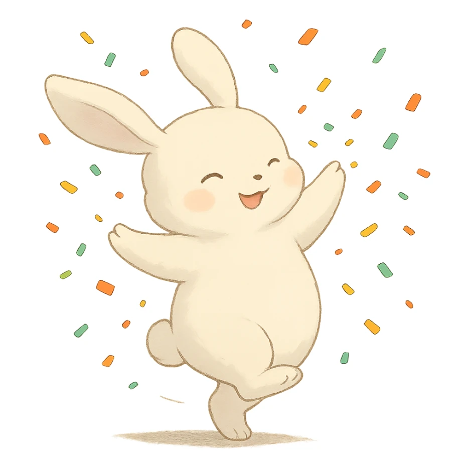 cotton bunny throwing confetti and spinning, full body, clean and polished, no imperfections, soft Ghibli style sticker