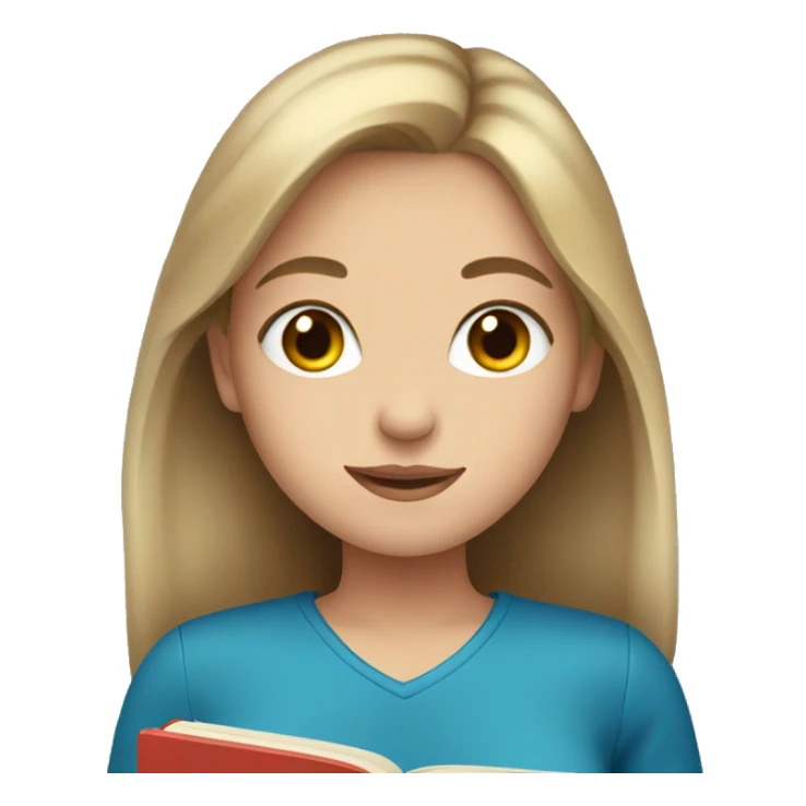 Girl with dark blonde hair and blue eyes holding a book sticker