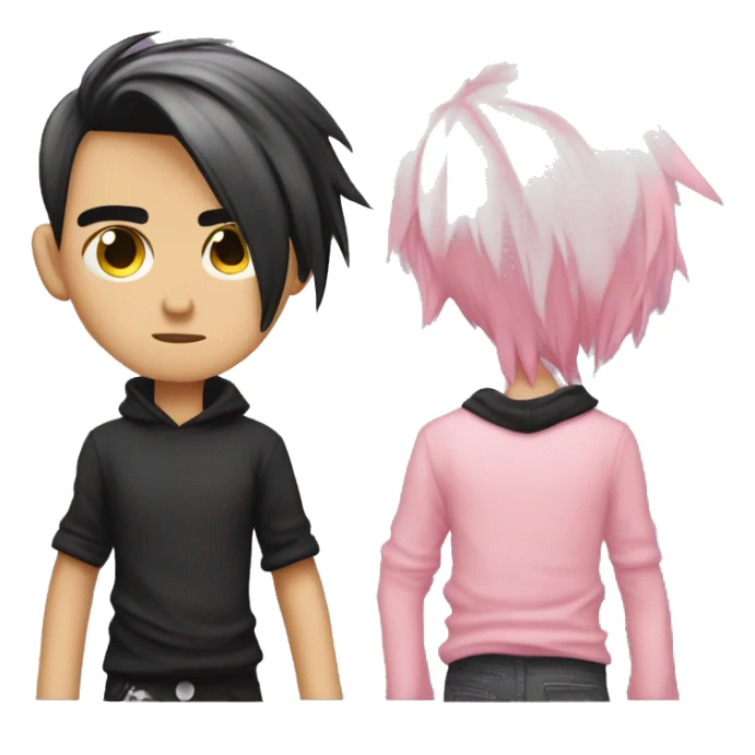 Create an emoji of an emo guy with split-dyed hair—one side pastel pink and the other side black. The hair should have a slightly messy, choppy texture, and the character should have a subtle, sad expression, wearing dark clothing typical of emo fashion sticker