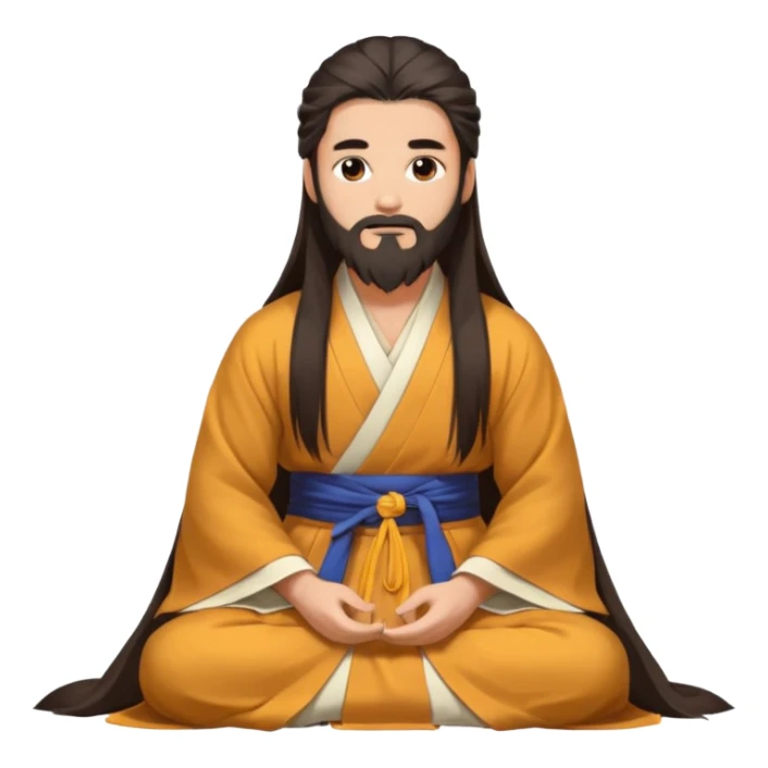 Beautiful man with lightly tan skin and dark long beard, long hair, in Hanfu sitting on the ground sticker