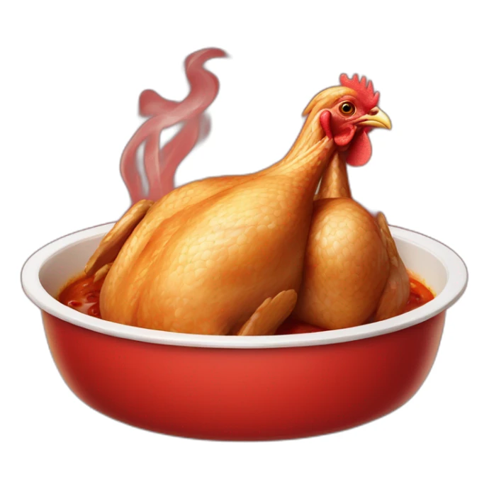 a perfectly cooked chicken in a red dish, smoking because it's hot. sticker