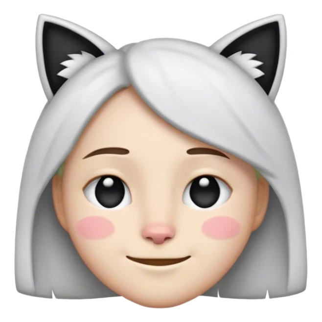 modest smile emoji with cat ears, black and write face, with right eye closed, left eye half closed sticker