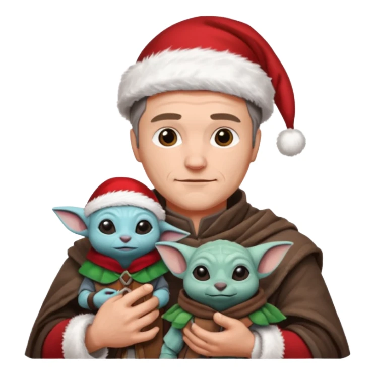 mandalorian holding grogu wearing santa hat sticker