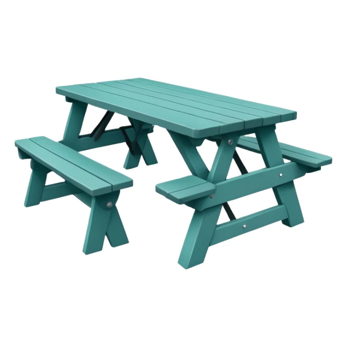 picnic table with attached benches, muted teal, straight vertical legs, small wheels, flat wood-style silhouette, minimal shading, clean geometry sticker