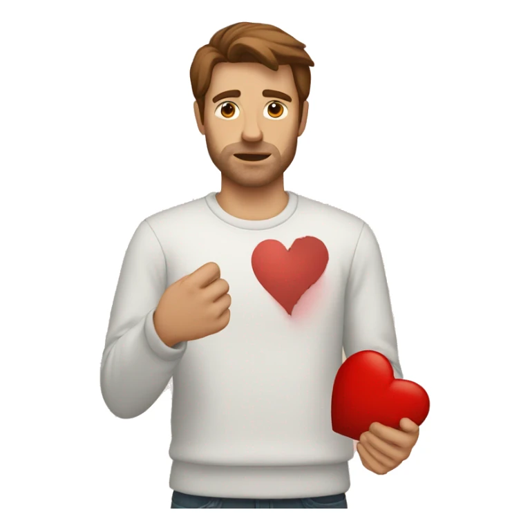 White man with brown hair holding a broken heart sticker