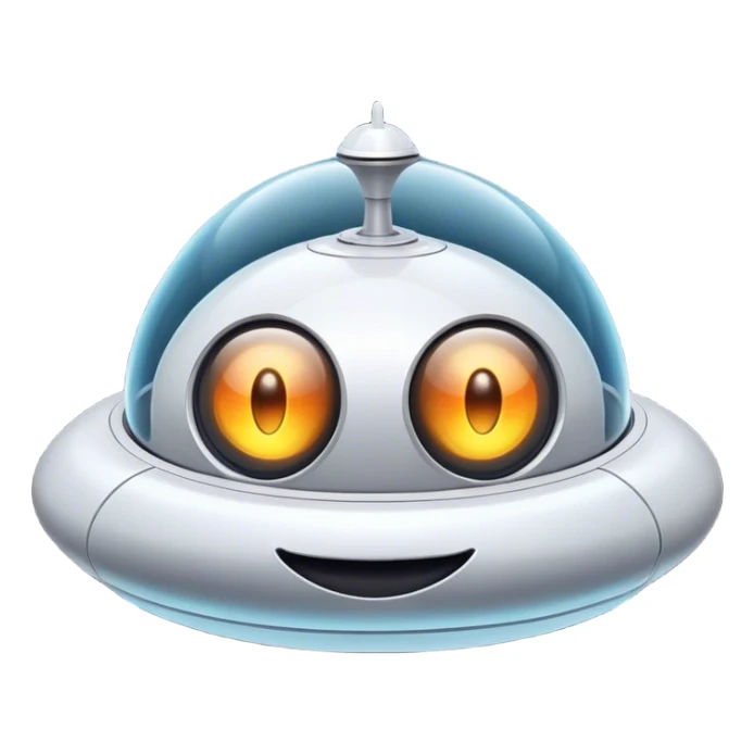 Design a simple, friendly spaceship with a smooth, rounded shape. Add a clear 'face' on the front using glowing lights for eyes and a curved line for a smile, giving it personality. Use a plain background to keep the focus on the ship sticker