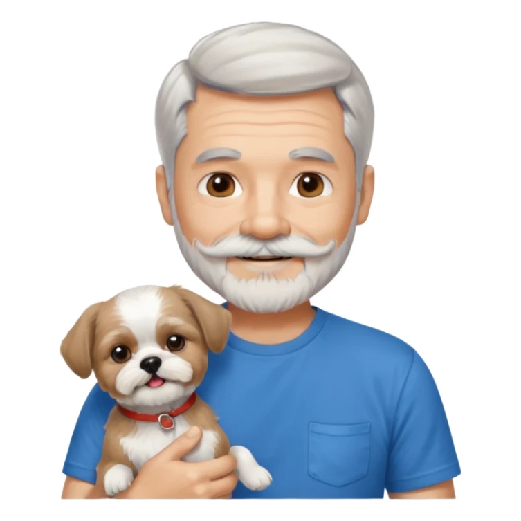 handsome gentleman, 60 years old, short silver hair, beard/moustache, wearing a blue t-shirt, smiling and holding a shih tzu sticker