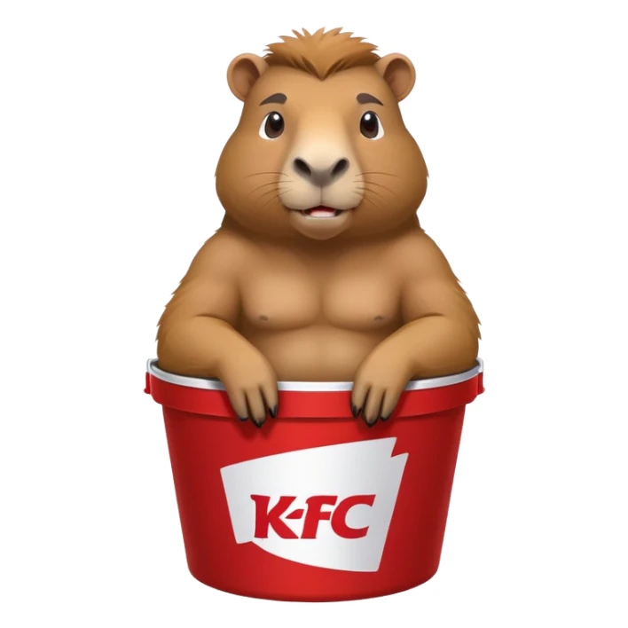 Muscular capybara with big muscles sitting in a KFC bucket sticker