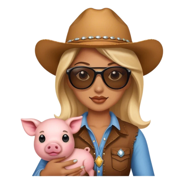 Cowgirl wearing sunglasses and holding a small pig sticker