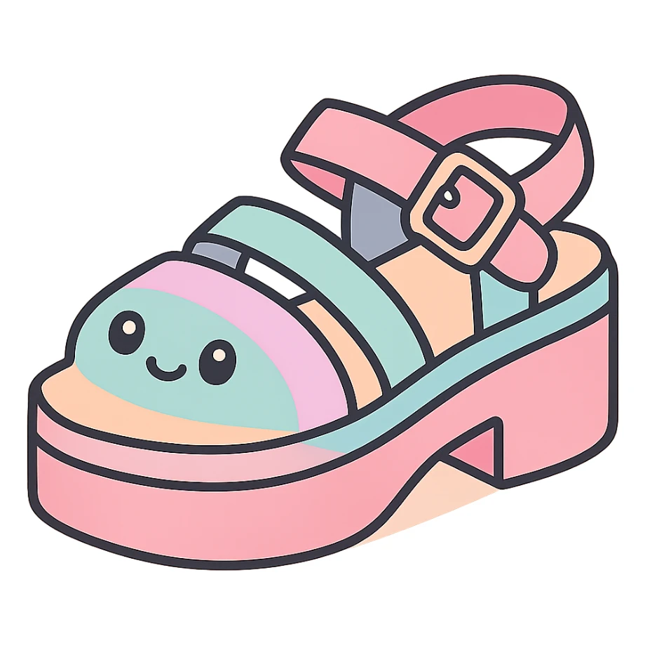 Transform these primarily black kawaii gothic shoes with pink and pastel accents, silver studs and chains, into platform sandals, no socks, no hearts, transparent background sticker