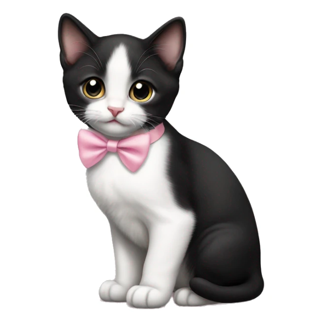 Tuxedo kitten standing. Pink bow on ear sticker