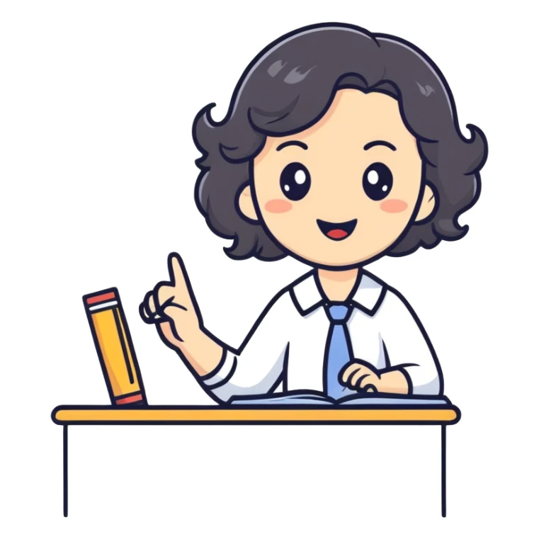 female teacher with black wavy hair, no glasses, teaching and talking sticker