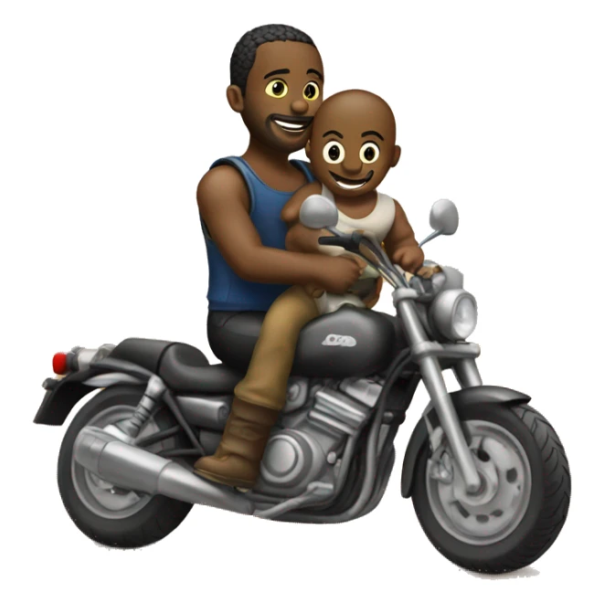 man with motorcycle and baby on back.  on dirt road sticker