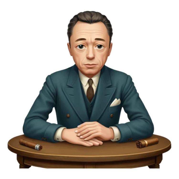 Albert Camus with a small cigar between his fingers, and with his both arms folded together loosely on the antic table. He looks chic, intellectual, philosophical, yet not so serious, thus so having fatal charm and attractive. His posture looks relaxed.  sticker
