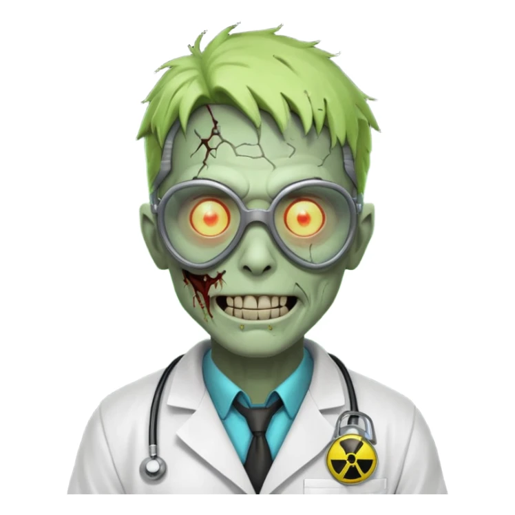 radioactive zombie scientist portrait, head and shoulders only, glowing toxic veins, cracked goggles, lab coat with radiation badge, sinister smile, 3D cartoon, mobile game icon style, clean background, no text, no watermark
 sticker