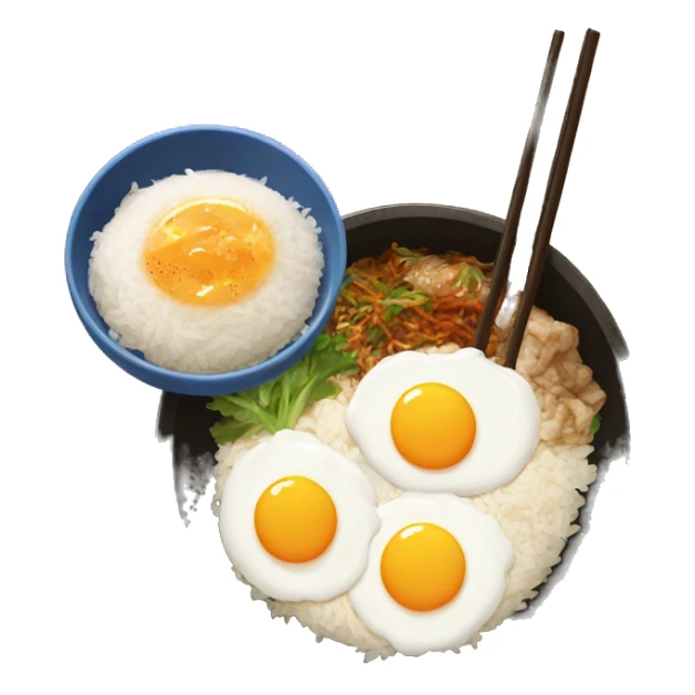 traditional korean dish with rice, one egg on top and salas  sticker