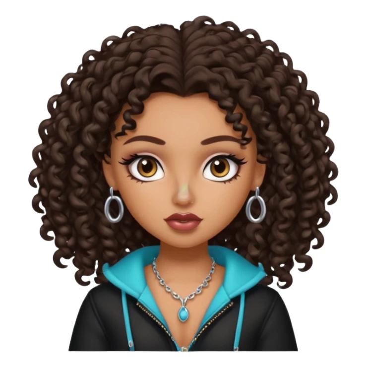 pretty bratz baddie, dark brown curly head, tan skin, nose piercing sticker