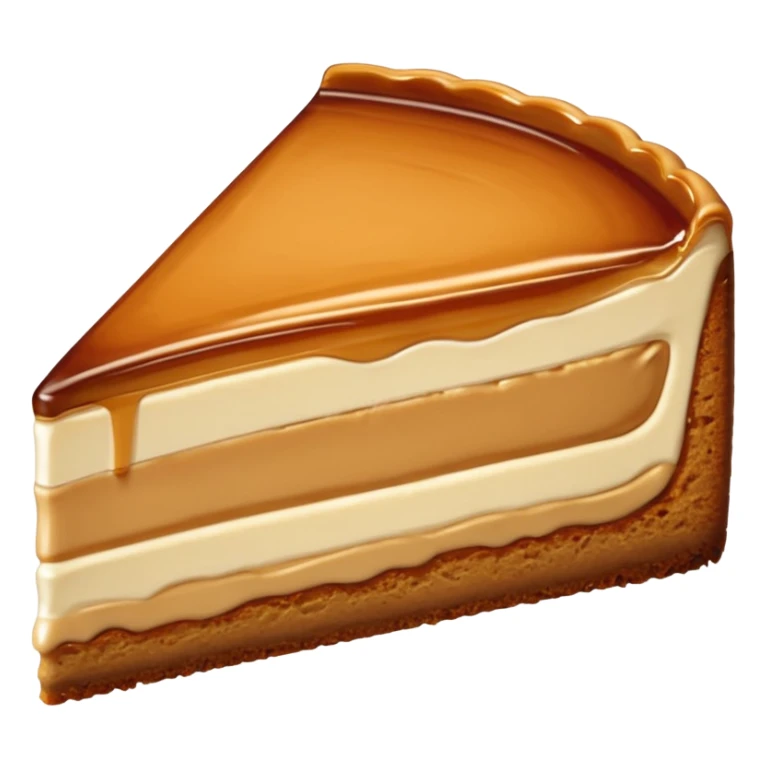 a slice of cheesecake. The base is made of light brown biscuit; the first layer of filling is caramelized dulce de leche, and the upper layer is creamy, light beige, and has a smooth texture. On top, there is a caramelized dulce de leche topping dripping down the center of the slice sticker