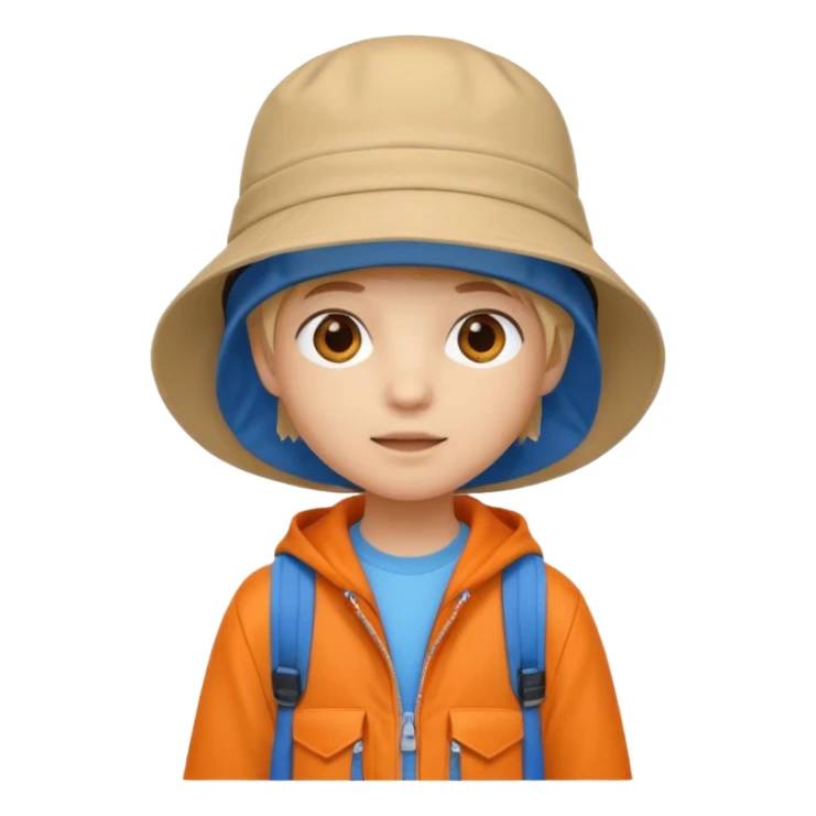 A little student with beige bucket hat, orange jacket, blue backpack sticker