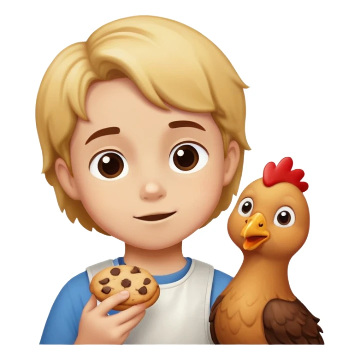 Kid eating chocolate chip cookie and chicken bake sticker