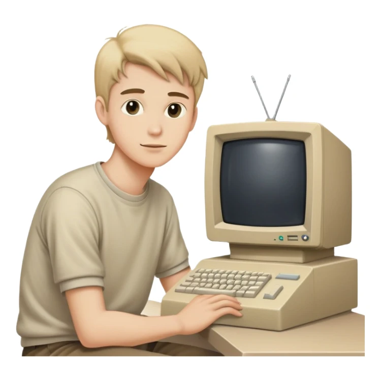 Young man sitting at a very old desktop computer from the 1990s with CRT monitor and beige tower sticker