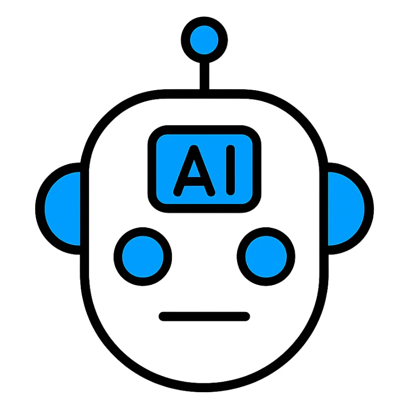 modern minimal AI robot head icon, white and blue colors sticker
