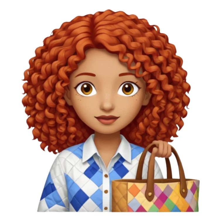 a pretty tan indian bratz girl with curly red hair, wearing an oversized patchwork white shirt, carrying a tote bag sticker